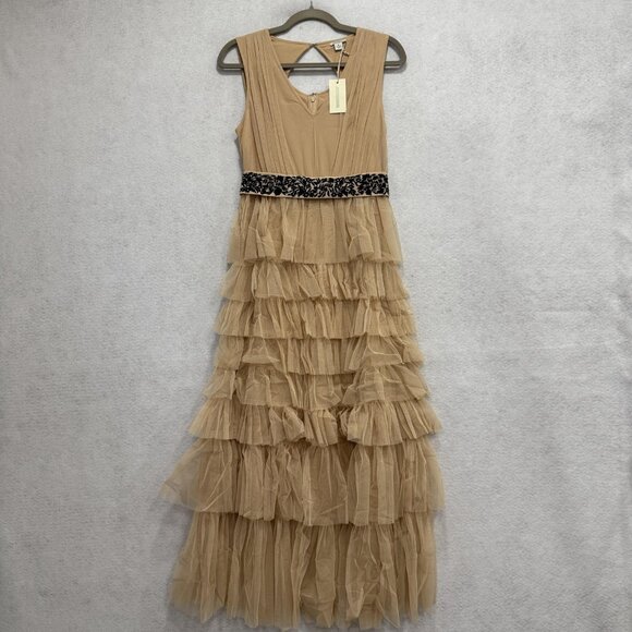Sundance Dress Womens 8 Beige Tiered Ruffle Tulle Maxi Keyhole Back Velvet Belt - Picture 2 of 9